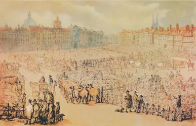 Vista del mercado de Smithfield, Londres, 1810