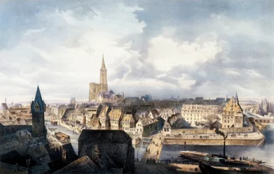 Vista de Estrasburgo (Francia) desde la torre de Saint Guillaume. Litografía en colores.