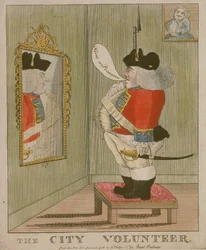 Vista de un voluntario corpulento de la ciudad admirándose en el espejo, 1785