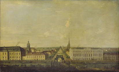 Vista de la Avenida Nevsky desde el Puente de la Policía con el Palacio Stroganov, segunda mitad del siglo XVIII