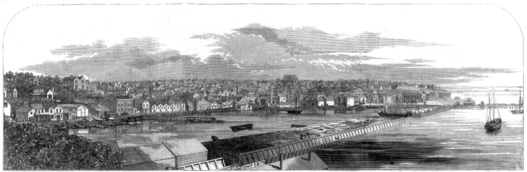 Vista de la ciudad de Auckland, Nueva Zelanda, con el nuevo malecón comercial, 1860