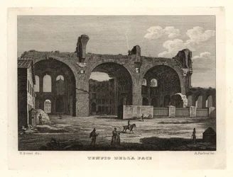 Vista de las ruinas del Templo de la Paz o el Foro de Vespasiano, Tempio della Pace, Roma