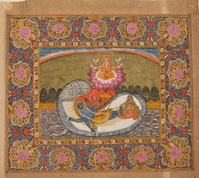 Vishnu y Lakshmi en la serpiente Shesha, con Brahma en el loto, posiblemente finales del siglo XIX