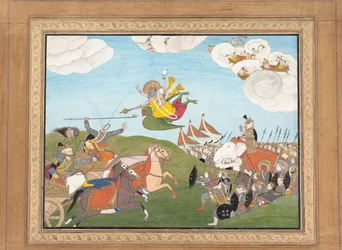 Vishnu como Varaha, el avatar jabalí, mata a Banasur, un general demonio..., ca. 1800