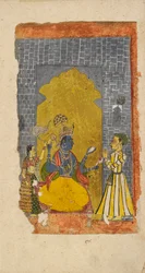 Vishnu entronizado con devoto principesco de pie ante él