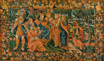 Visita de los Magos a Herodes: Panel de Petit-Point Isabelino, siglo XVI