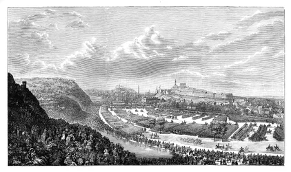 Revisión de voluntarios en el Parque de la Reina, Edimburgo, Escocia, 1860