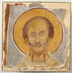 Pintura mural de un santo masculino, siglo XII, restauración moderna