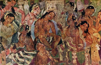 Pintura mural de las Cuevas de Ajanta de Raja Mahajanaka, c480