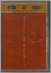 Pintura mural sobre fondo rojo: candelabro con friso, de la villa imperial