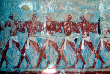 Pintura mural: regreso de la expedición, Templo de la Reina Hatshepsut, Luxor, Egipto, c. 1470 a.C.