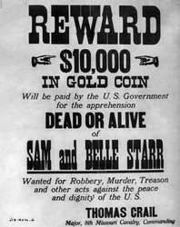 Cartel de Se Busca para los forajidos Sam y Belle Starr