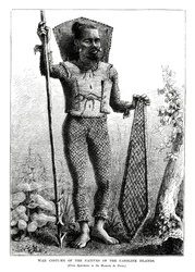Traje de guerra de los nativos de las Islas Carolinas, océano Pacífico central, 1877