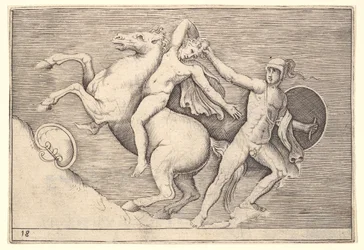 Guerrero tirando a un jinete de su caballo, de Ex Antiquis Camorum et Ge..., publicado ca. 1599-1622