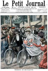 Fiesta de bodas en bicicletas liderada por la novia y el novio, Niza, Francia, 1909