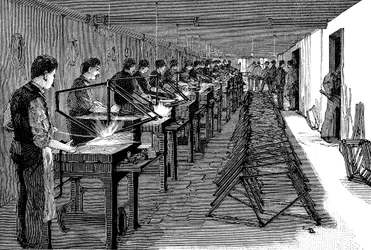 Soldadura de cuadros de bicicletas en una fábrica estadounidense, 1900