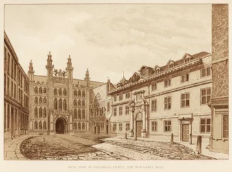 Vista oeste de Guildhall Chapel y Blackwell Hall, Ciudad de Londres, 1886