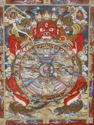 Rueda de la vida o rueda del Samsara (Mandala). Monasterio de Kopan, Bhaktapur, Nepal