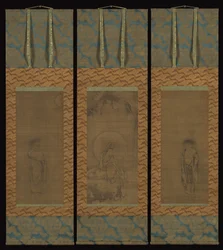 Guanyin de túnica blanca con Hanshan y Shide