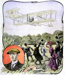 Primer vuelo de Wilbur Wright en Europa en el hipódromo de Hanaudieres cerca de Le Mans, Francia, 1908