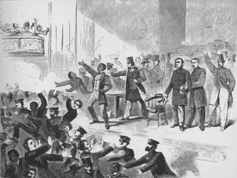 William Lloyd Garrison intentando celebrar una reunión de aniversario de John Brown en Tremont Temple, Boston
