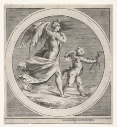 Figura femenina alada, vestida y portando un bastón, caminando detrás de un putto alado..., ca. 1550-1600