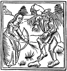 Bruja disparando a un hombre en el pie con una flecha encantada hecha de una vara de avellano, 1489