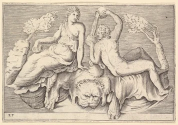 Mujer y hombre sentados en piel de león, hombre sirviendo vino, publicado ca. 1599-1622