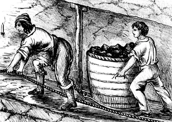 Mujer y un niño trabajando en una mina de carbón, Bolton, Lancashire, 1848