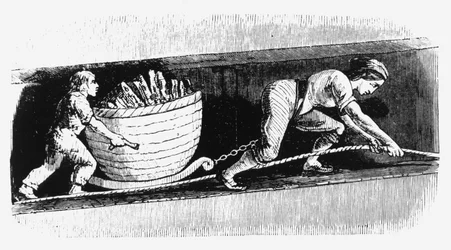 Mujer y niño dibujando una corve con 3-4 cwt de carbón, Bolton, Lancashire, 1848