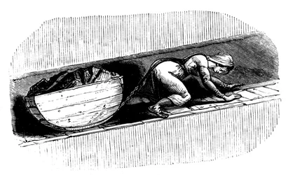 Mujer minera arrastrando un trineo de carbón a lo largo de una veta estrecha, Gales del Sur, c1848