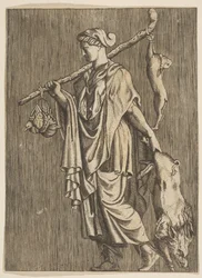 Mujer regresando de una cacería llevando un jabalí en su mano izquierda y un palo en su r..., ca. 1515-1600