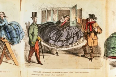 Mujer luchando por entrar en un taxi, c. 1860