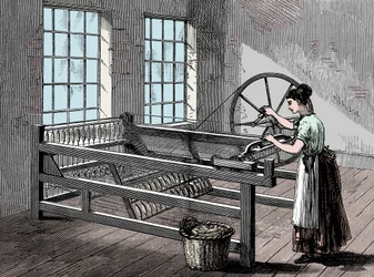 Mujer utilizando una máquina de hilar Jenny, hacia 1880