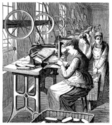 Mujeres asegurando cerdas en cepillos usando la máquina de Woodbury, finales del siglo XIX