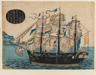 Impresión en madera - Barco de vela holandés, con bandera de VOC