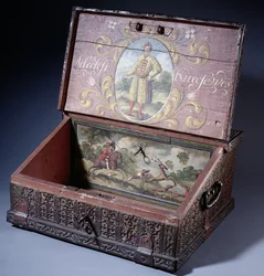 Caja de efectivo o de escritura de madera con retrato del hijo de Pedro el Grande, ca. 1695