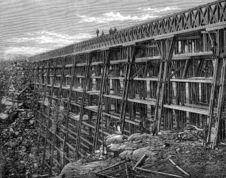 Puente de caballete de madera en el ferrocarril Union Pacific, Dale Creek, Wyoming, EE. UU., 1869
