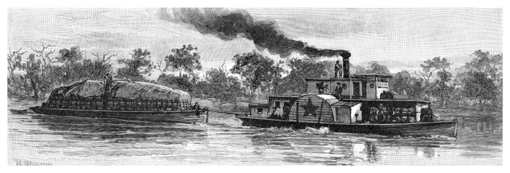 Barcaza de lana en el río Darling, Australia, 1886