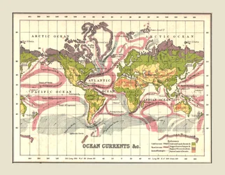 Mapa mundial mostrando corrientes oceánicas, 1902