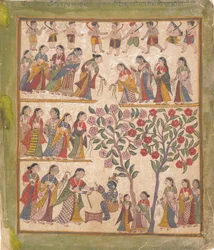 Yashoda ata las manos de Krishna: Página de un manuscrito disperso del Bhagavata Purana