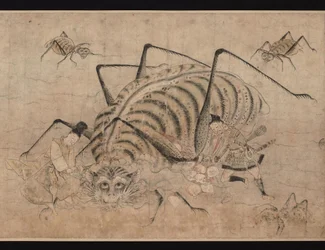 Yorimitsu matando a Tsuchigumo (detalle) del pergamino Tsuchigumo no Soshi Emaki, siglo XIII