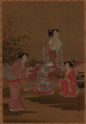 Joven mujer, con dos asistentes, sentada en un jardín, período Edo, 1615-1868
