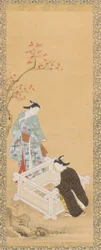 Joven y una doncella cerca de un pozo, período Edo, 1615-1868