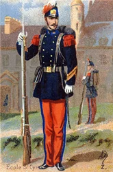 Z: Escuela de Saint Cyr. Grabado en "Alfabeto Militar". Iniciales del ilustrador: A. D. Editor desconocido. Cromolitografías finales del siglo XIX. Dim: 10,5x7cm