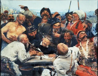 Cosacos de Zaporozhye escribiendo una carta al Sultán Turco, pintura de Ilya Repin