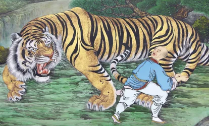 Pintura de koan zen que representa a un monje y un tigre, Seúl, Corea del Sur