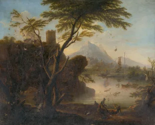Bahía con castillo y figuras