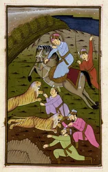Akbar en una cacería de tigres del Akbarnama, Mughal, c.1590, (texto ilustrado)