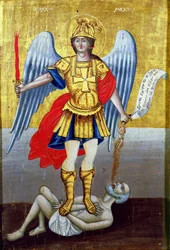 Arcángel Miguel: ícono griego de las Cícladas, fechado en 1817 con marco contemporáneo
